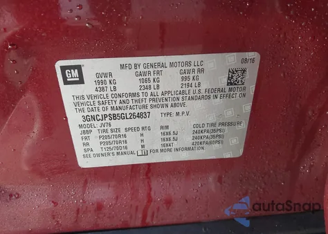 2016 Chevrolet Trax Lt z USA, uszkodzony, nr VIN 3GNCJPSB5GL264837